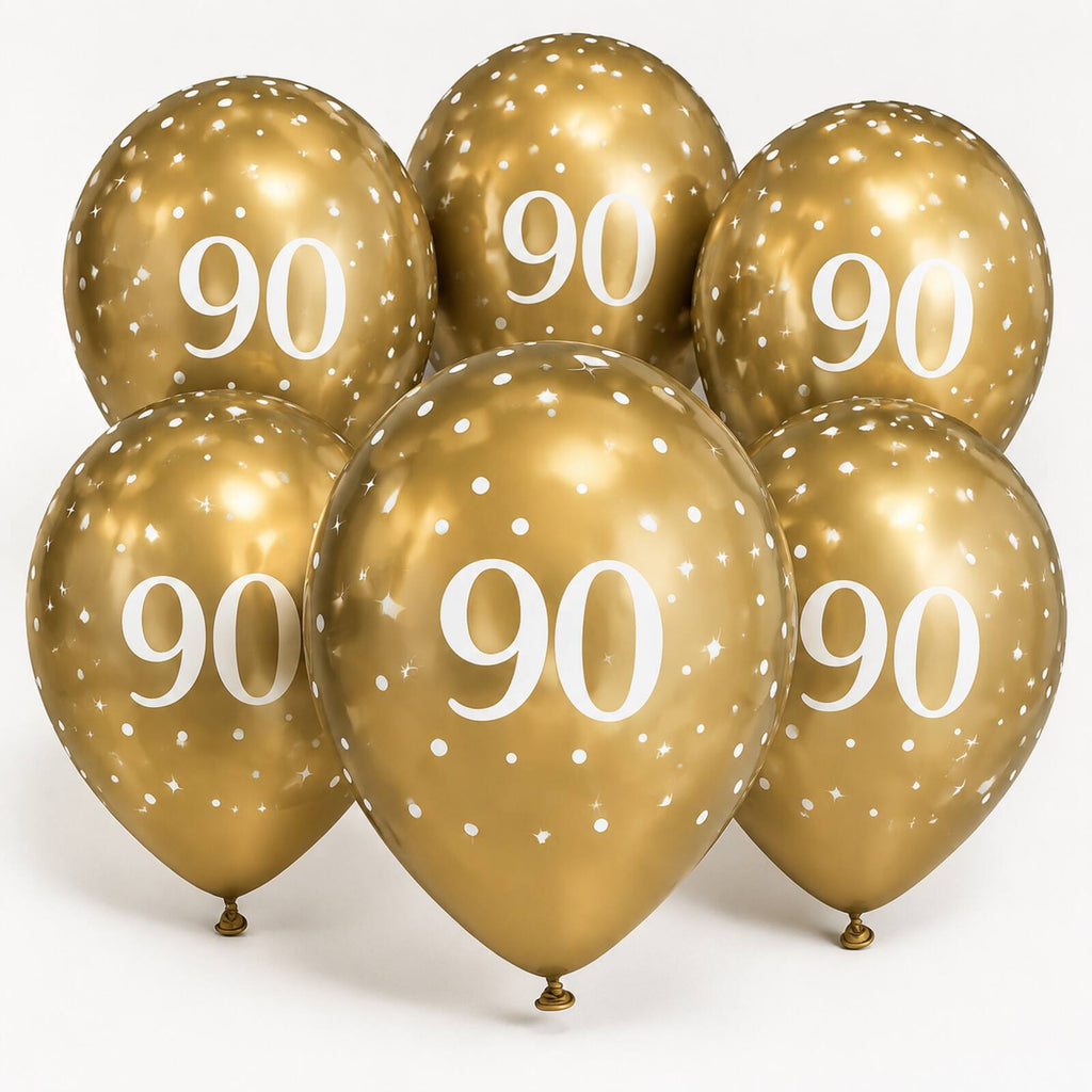 Six gold 90th birthday balloons with print and tie-neck details