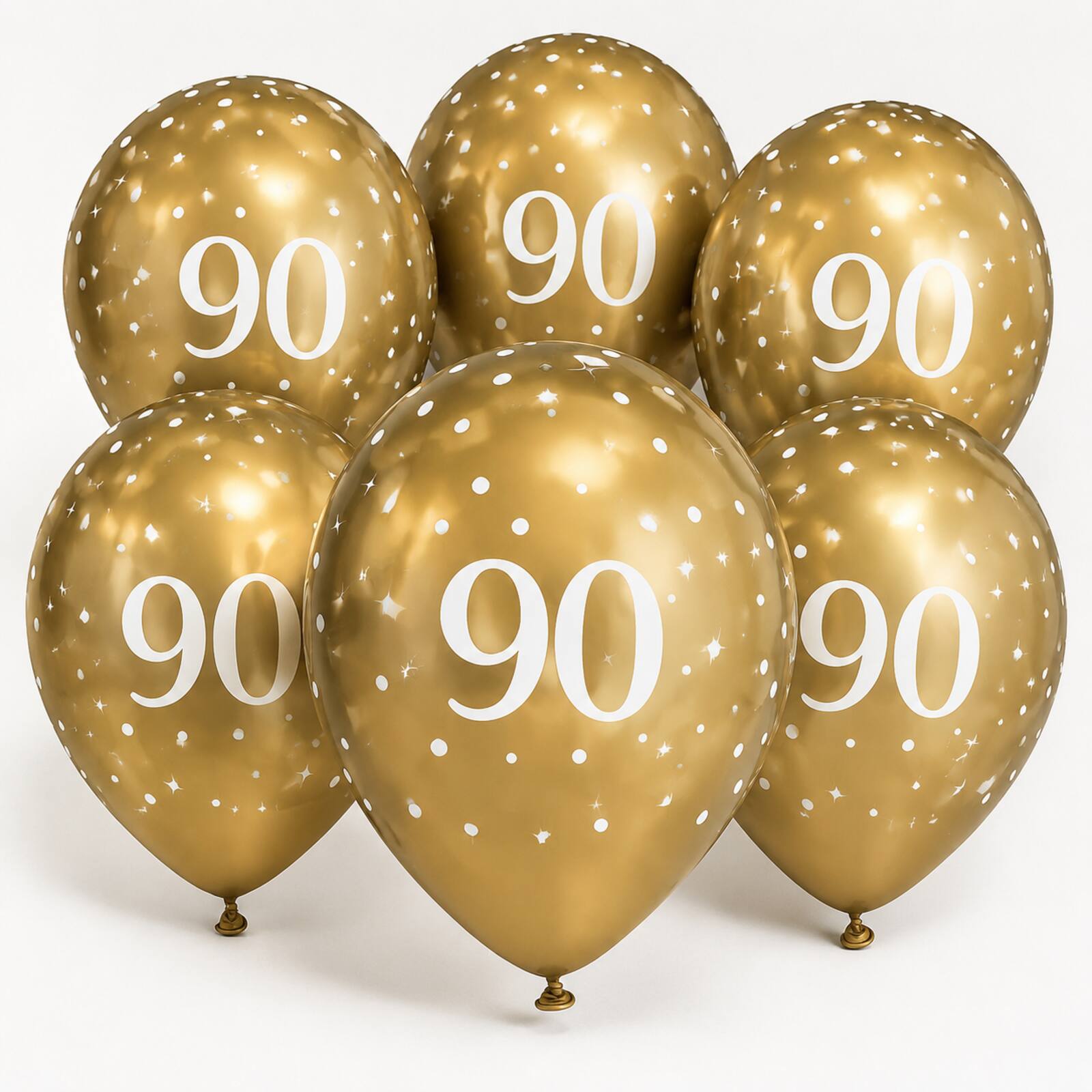 Six gold 90th birthday balloons with print and tie-neck details