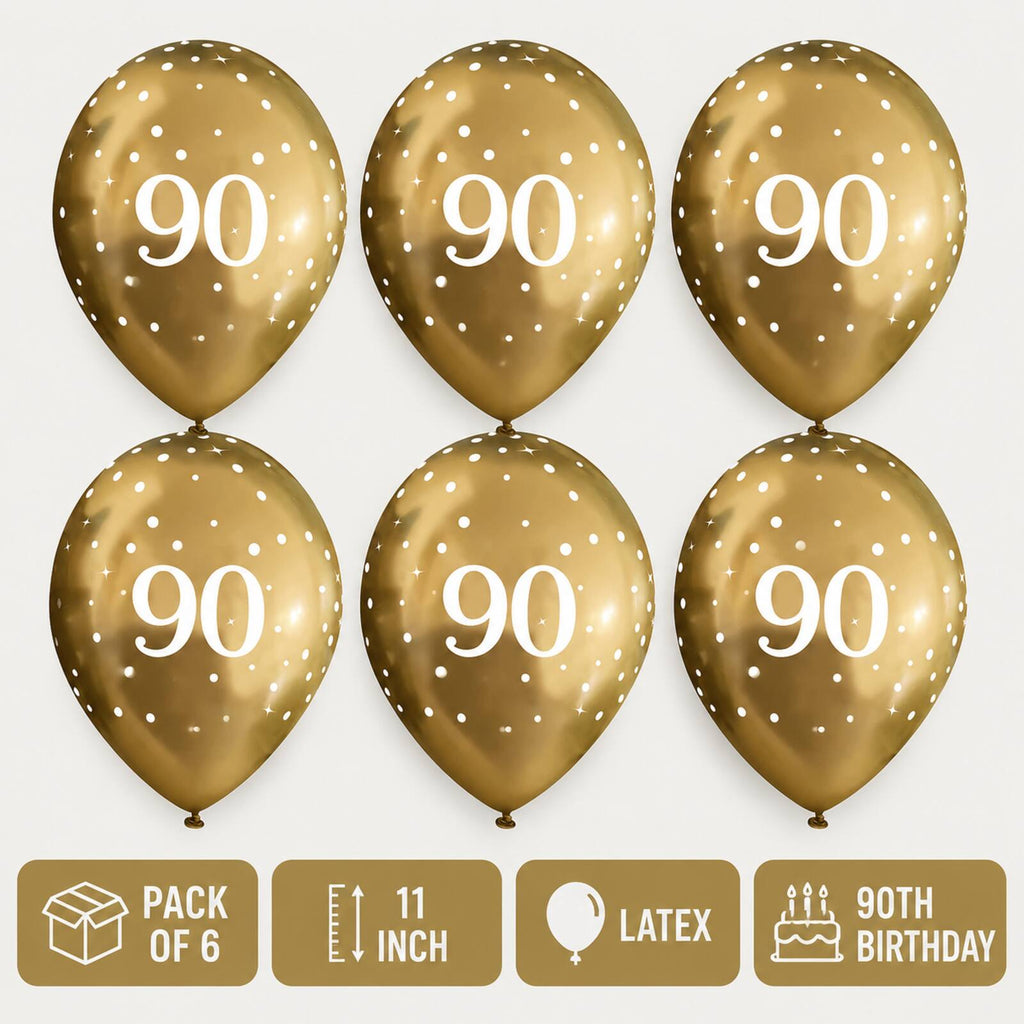 Gold 90th birthday balloons infographic showing pack size and features