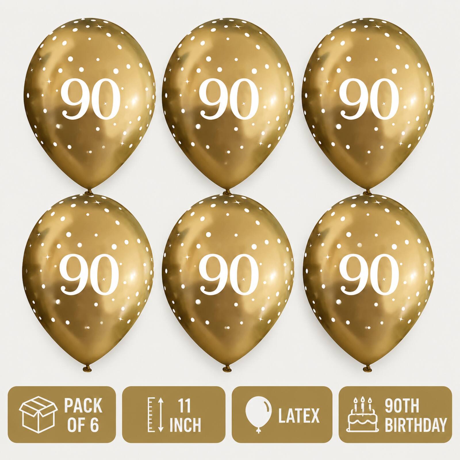 Gold 90th birthday balloons infographic showing pack size and features