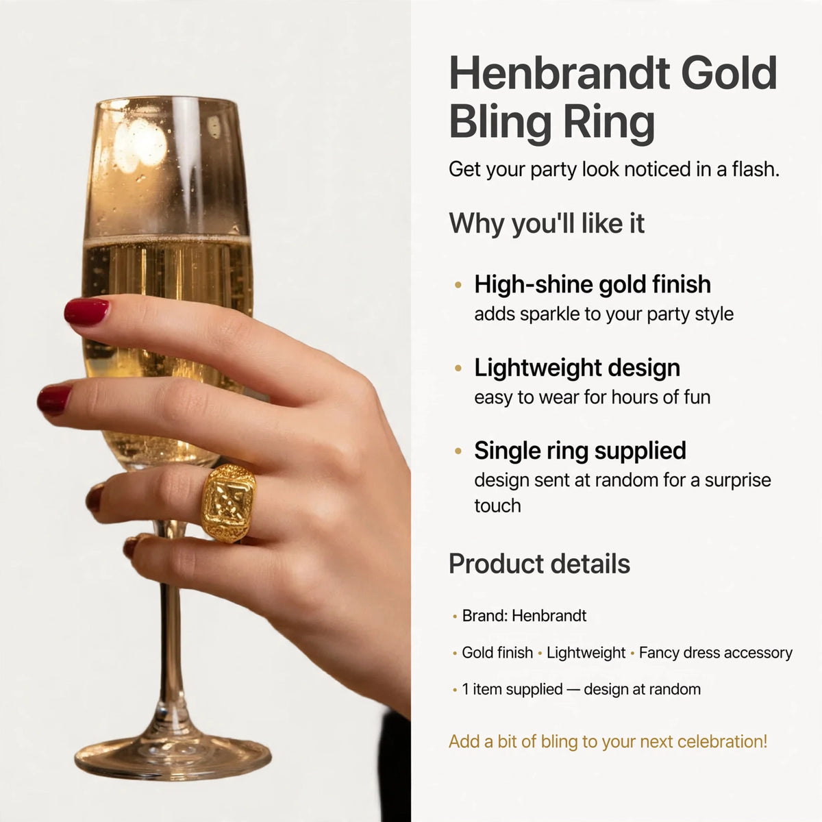Henbrandt Gold Bling Ring lightweight design and single ring supplied with random design