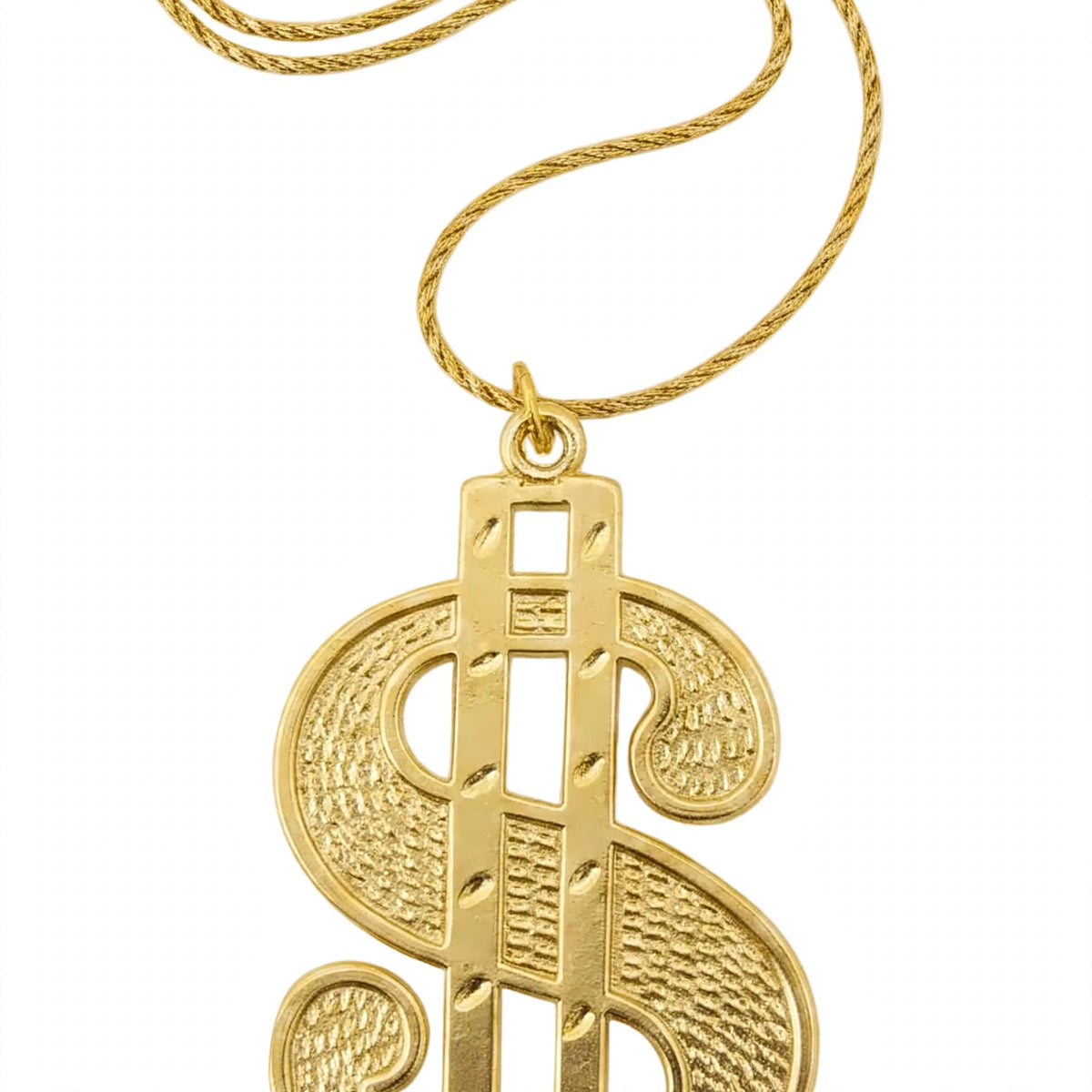 Close-up view of gold dollar sign pendant with embossed rope-pattern finish on braided rope-style chain