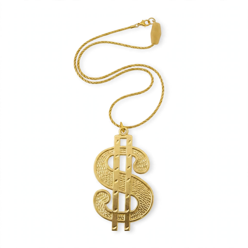 Gold dollar medallion necklace with 11cm dollar sign pendant on braided rope-style chain