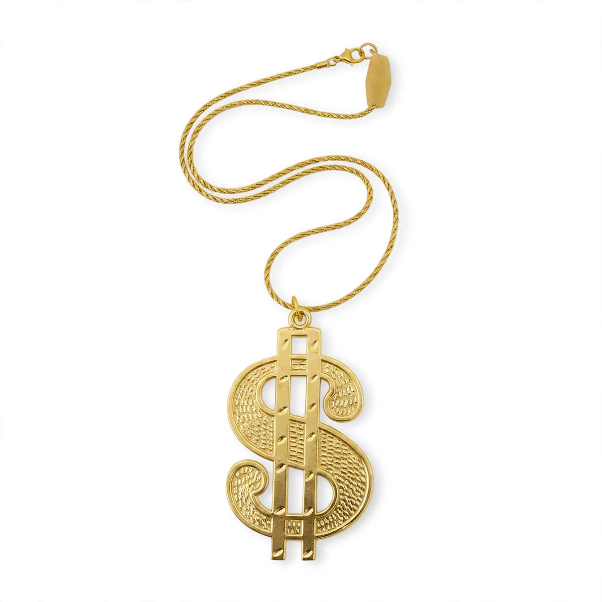 Gold dollar medallion necklace with 11cm dollar sign pendant on braided rope-style chain
