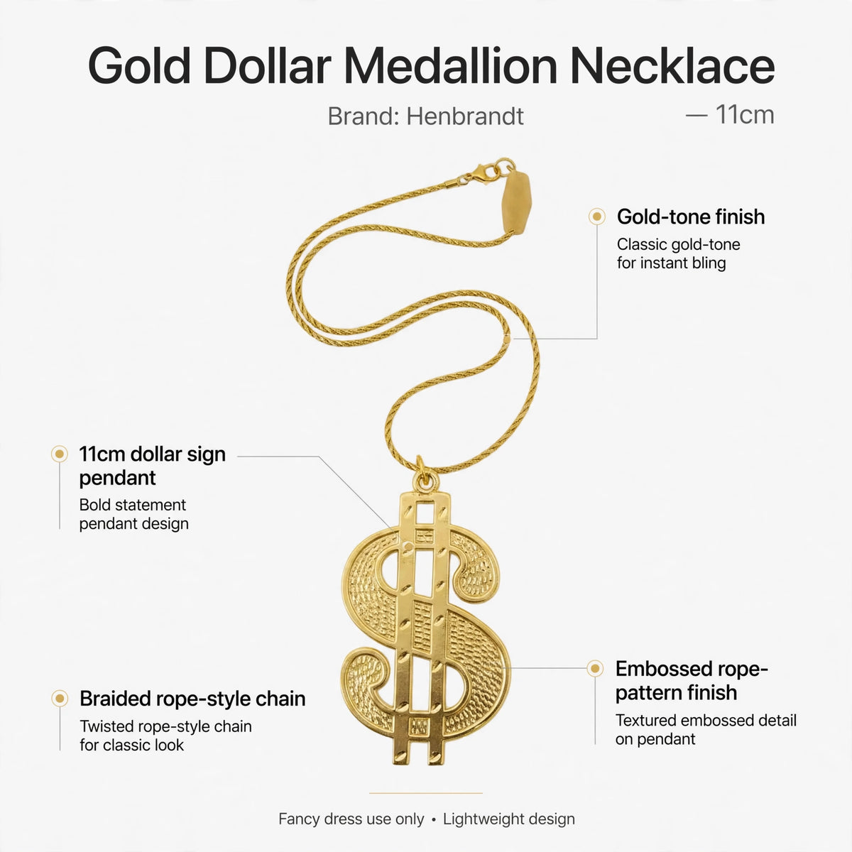 Infographic showing gold-tone finish, 11cm dollar sign pendant, braided rope-style chain, embossed rope-pattern finish