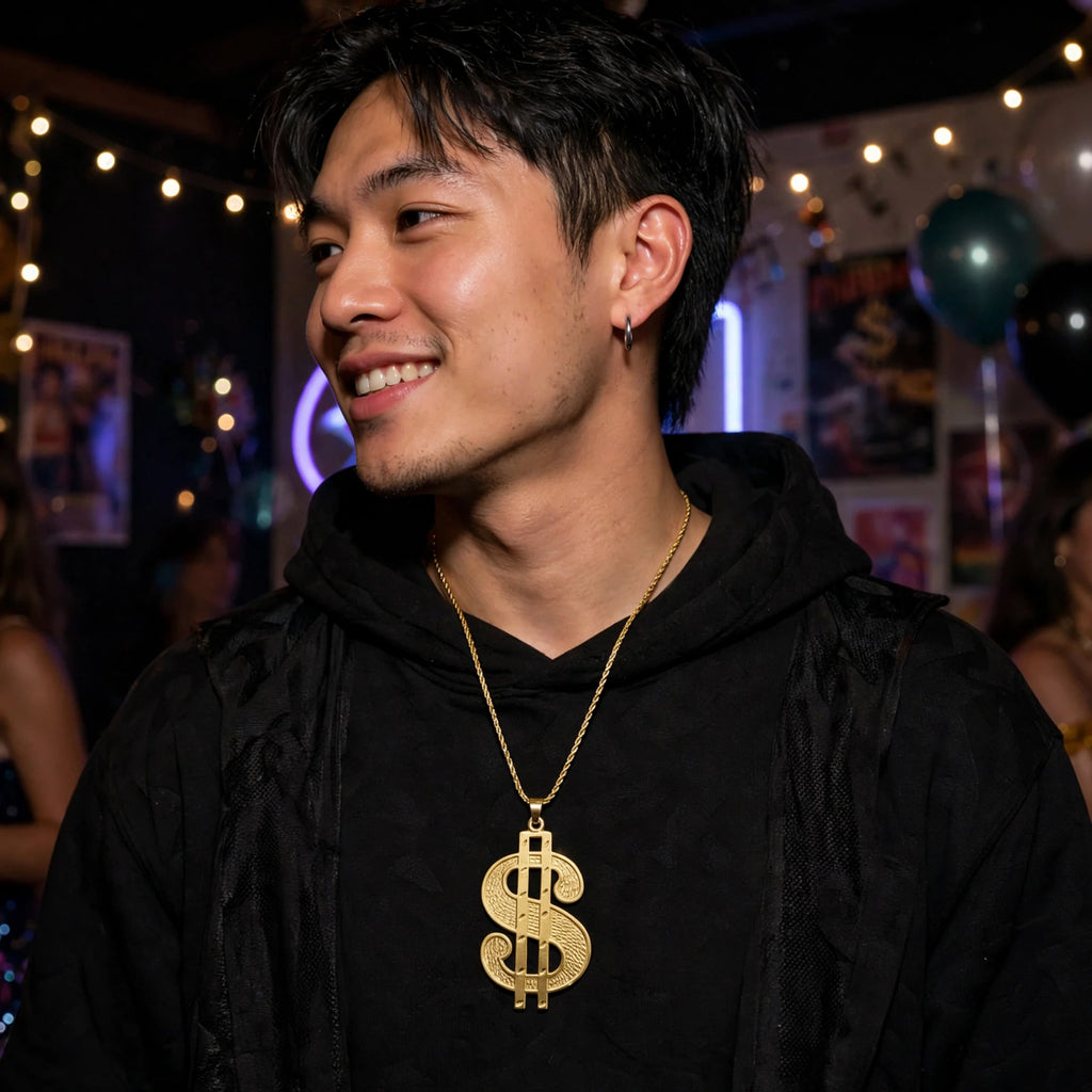 Gold dollar medallion necklace worn as part of hip-hop or 1980s themed fancy dress costume