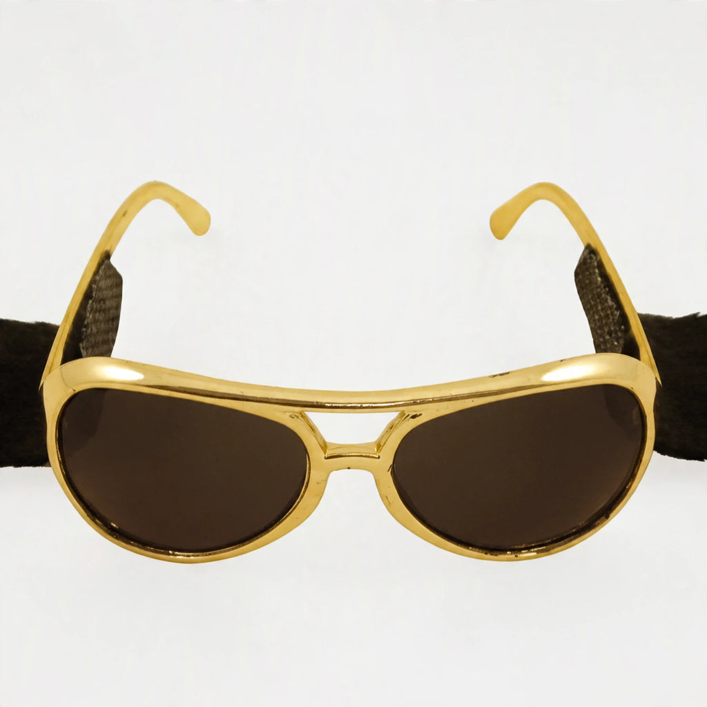 Close-up view of gold Elvis Presley glasses showing black sideburns attached