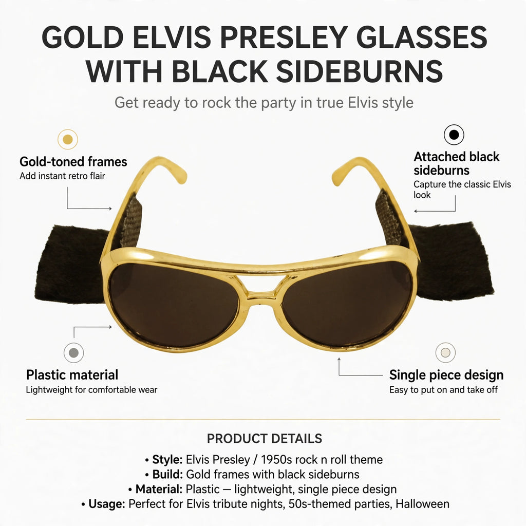 Features gold-toned plastic frames with attached black sideburns and single piece design