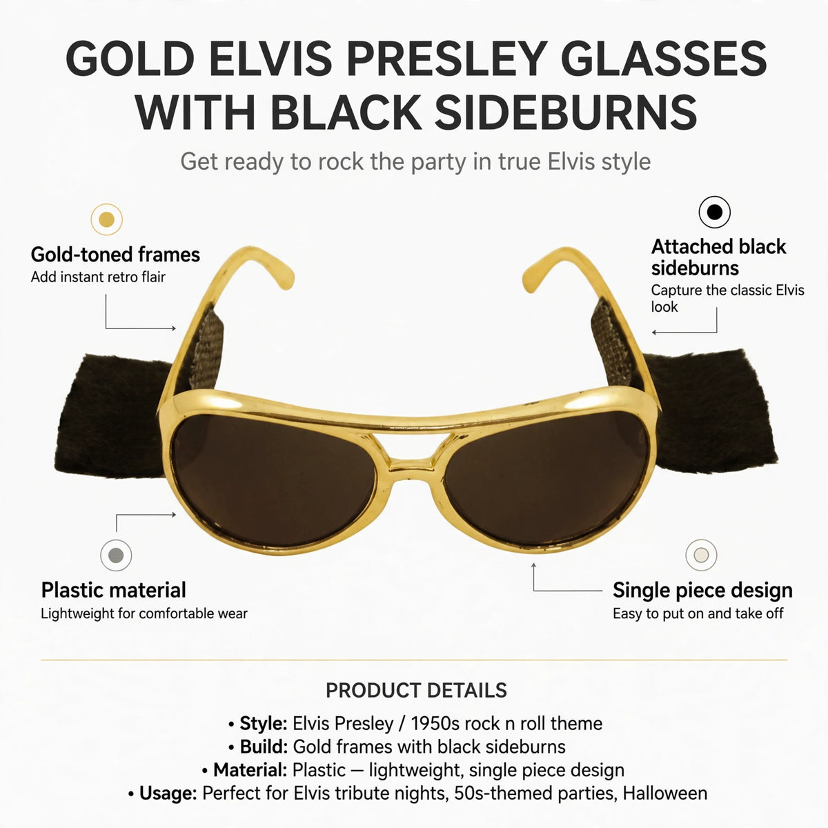 Features gold-toned plastic frames with attached black sideburns and single piece design