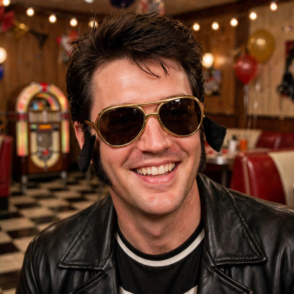 Gold Elvis Presley glasses with black sideburns worn for 50s-themed party or Halloween