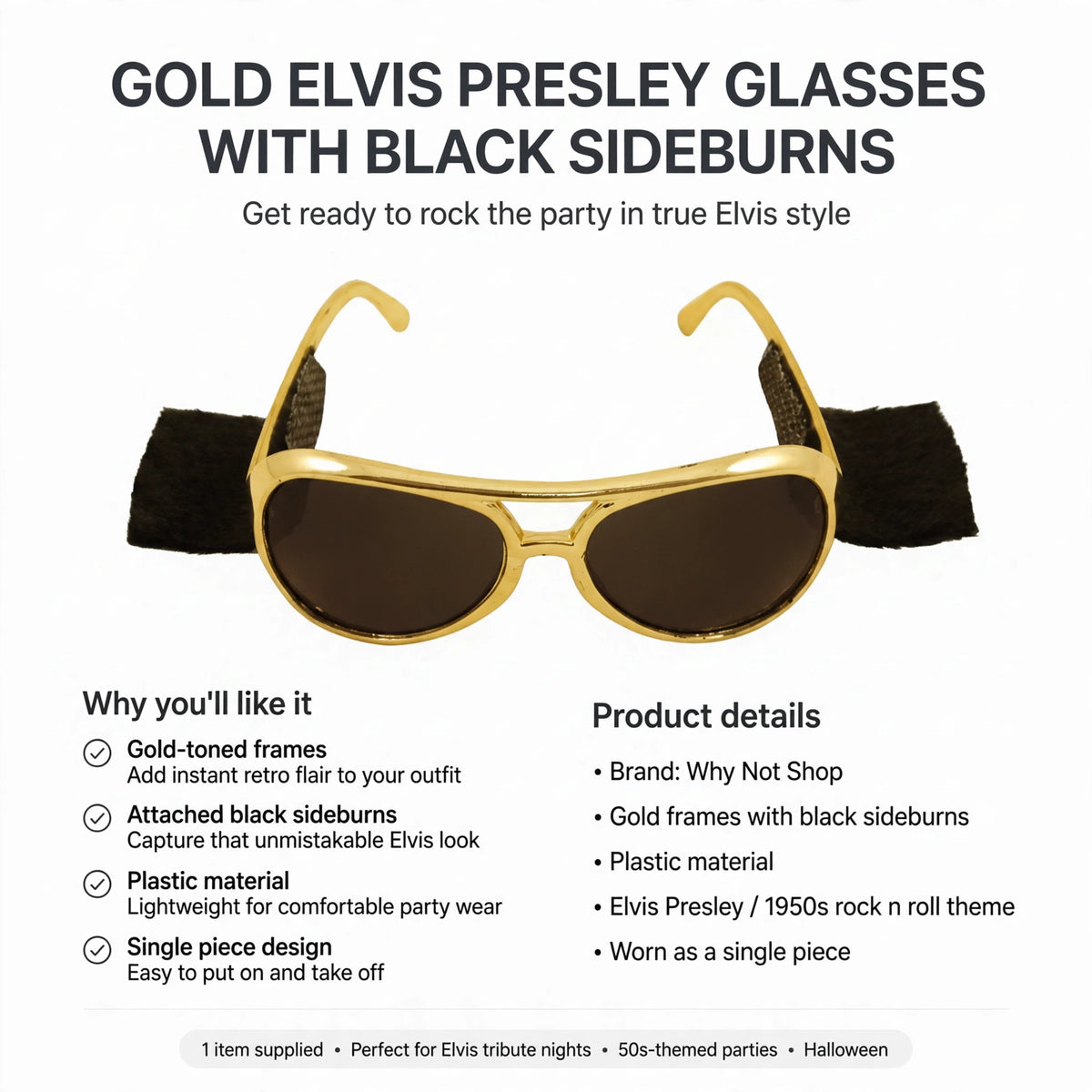 Gold frames with black sideburns made from plastic worn as a single piece
