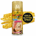 A can of Party Success Hair Glitter spray with a gold glitter-filled cap, shown on a white background with gold glitter paint strokes and a black circular badge reading 'GOLD GLITTER SPRAY'.
