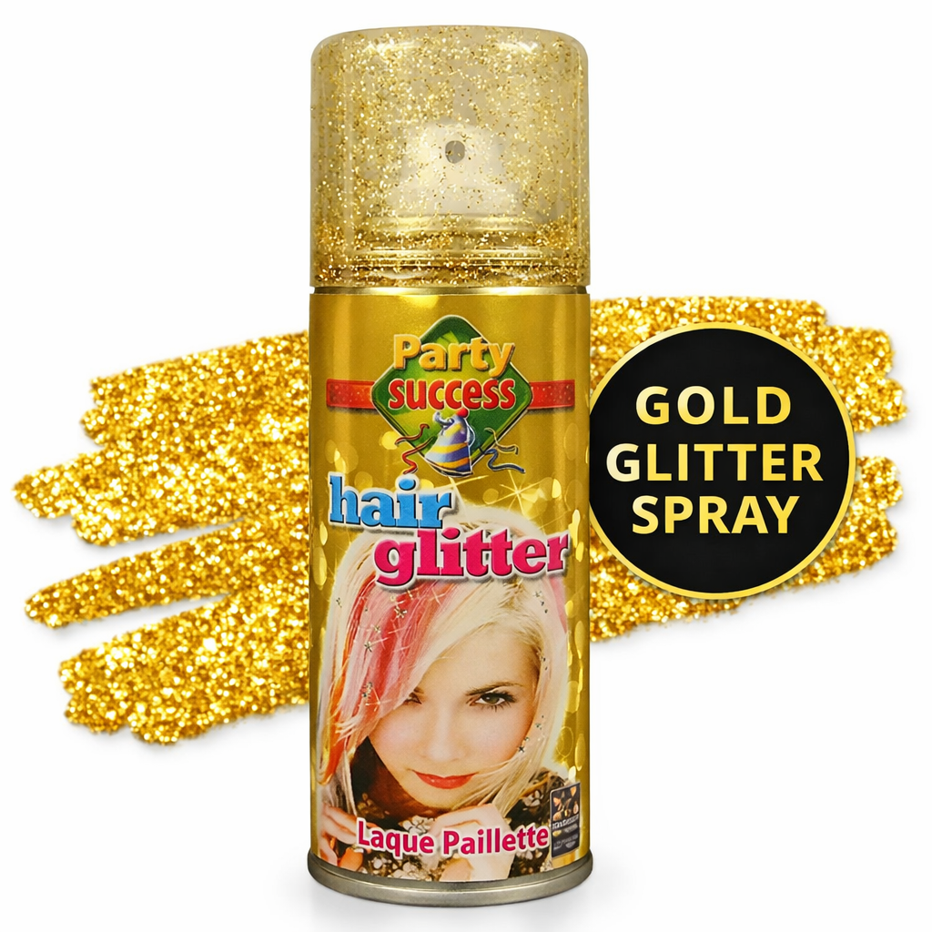 A can of Party Success Hair Glitter spray with a gold glitter-filled cap, shown on a white background with gold glitter paint strokes and a black circular badge reading 'GOLD GLITTER SPRAY'.