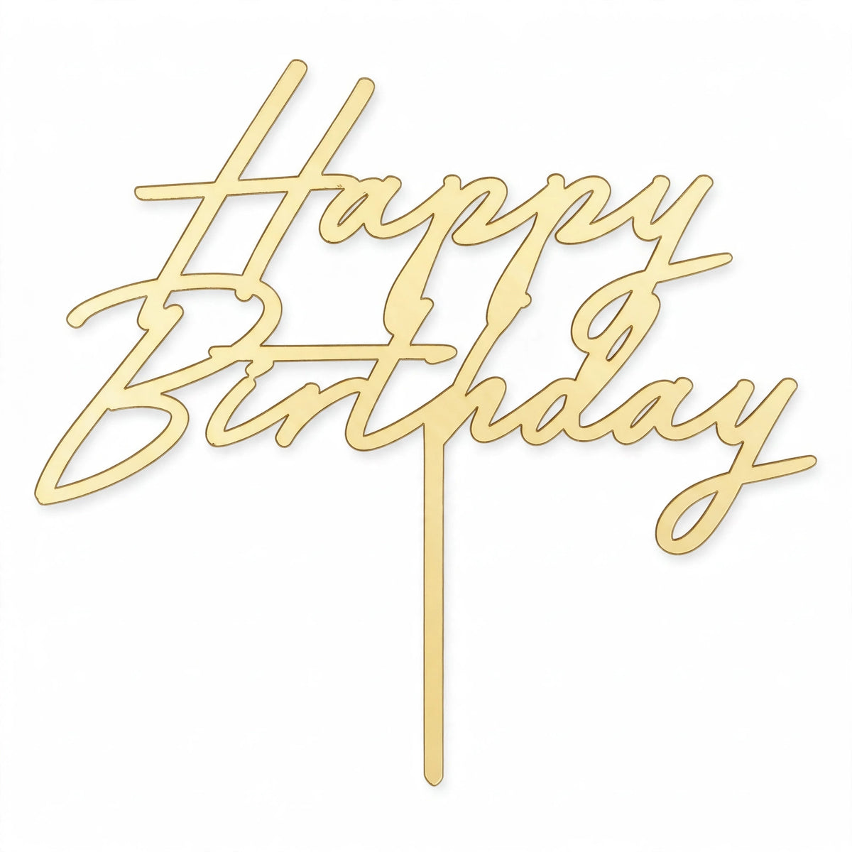 Gold Happy Birthday Cake Topper with glitter finish and decorative script