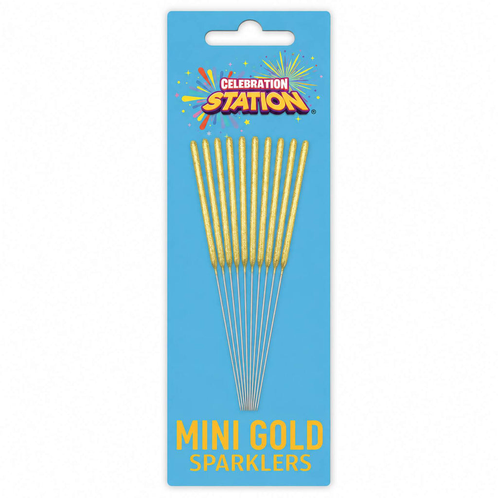 Gold mini sparklers 4.5 inch pack of ten on blue Celebration Station card