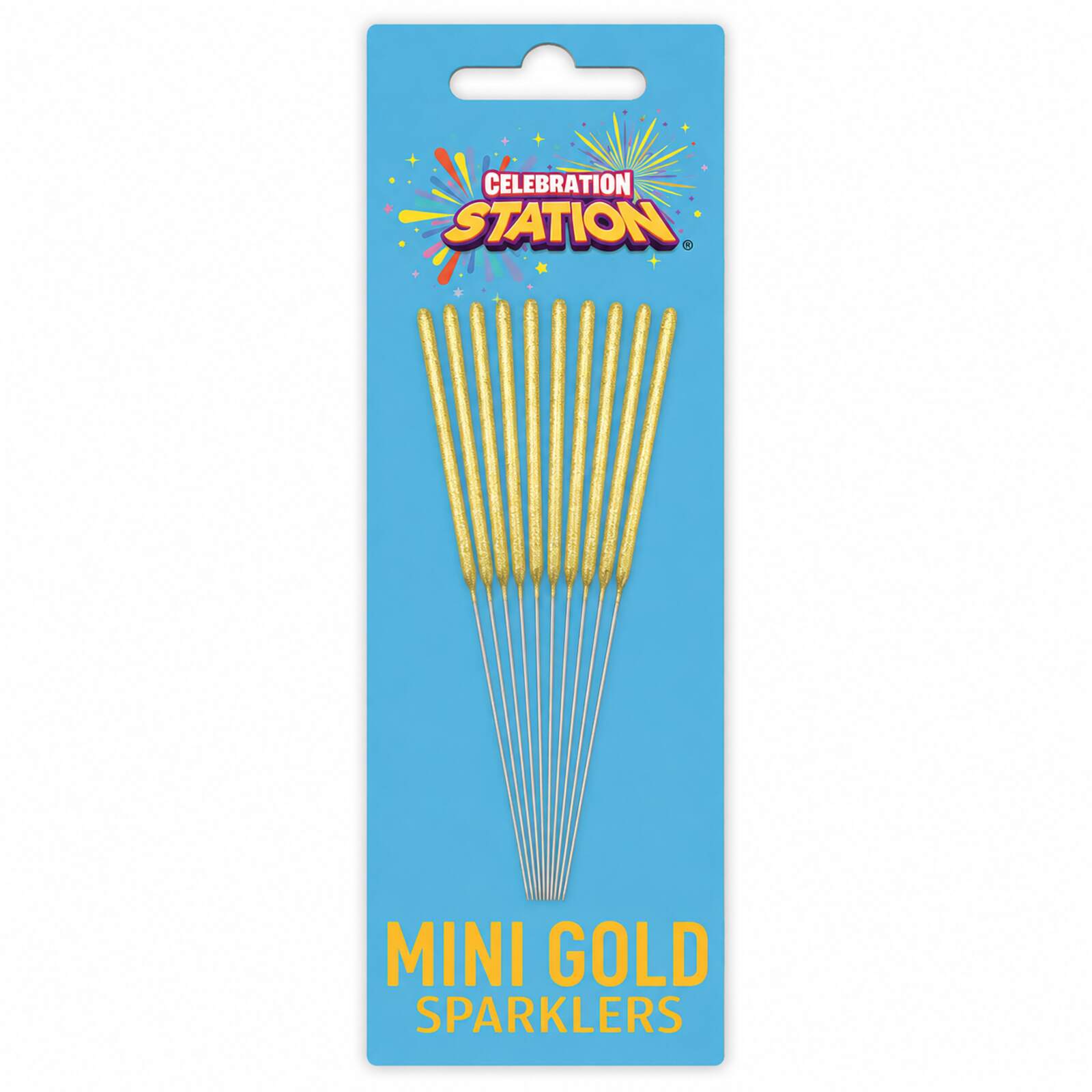 Gold mini sparklers 4.5 inch pack of ten on blue Celebration Station card