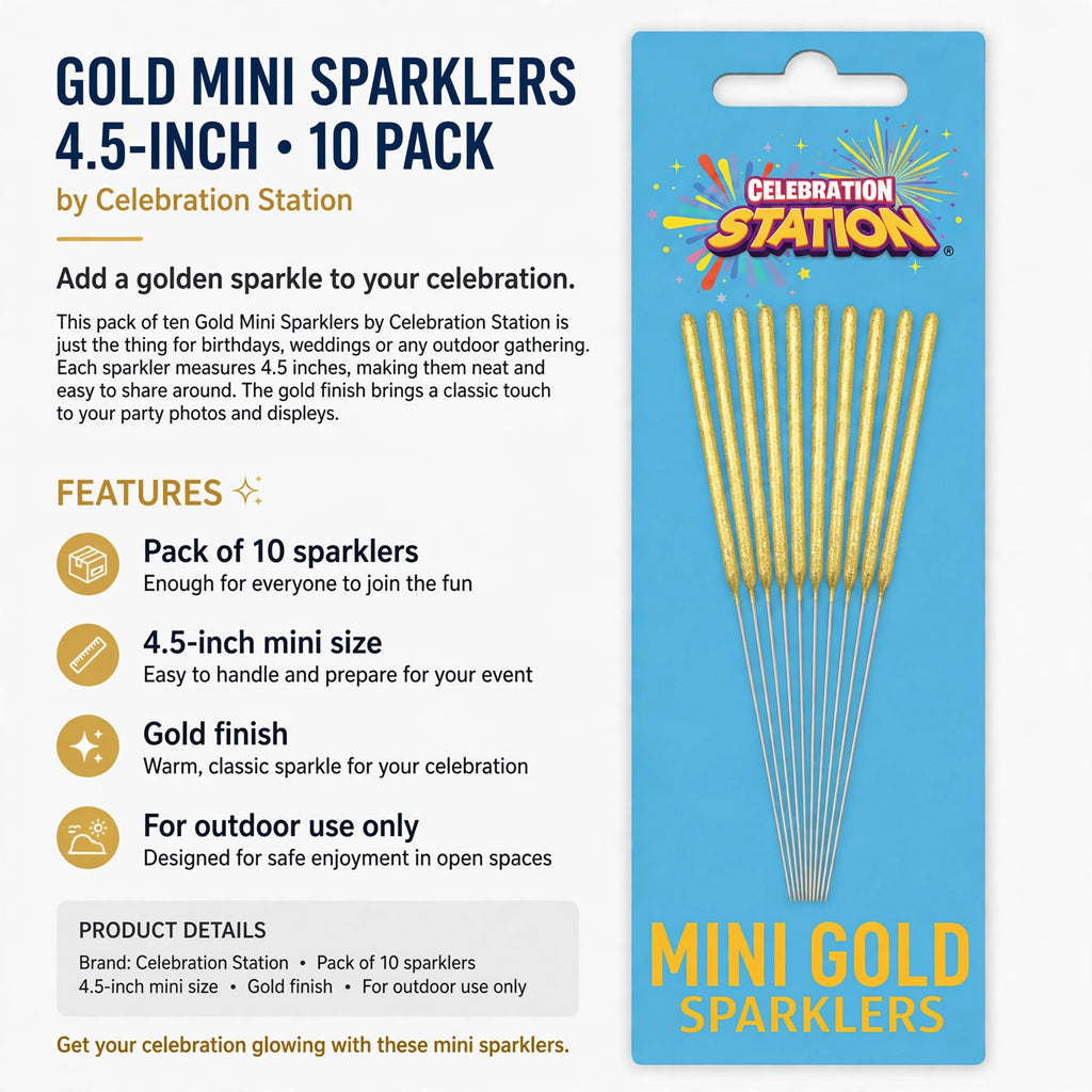 Features include pack of 10 sparklers, 4.5-inch mini size, gold finish, and outdoor use only