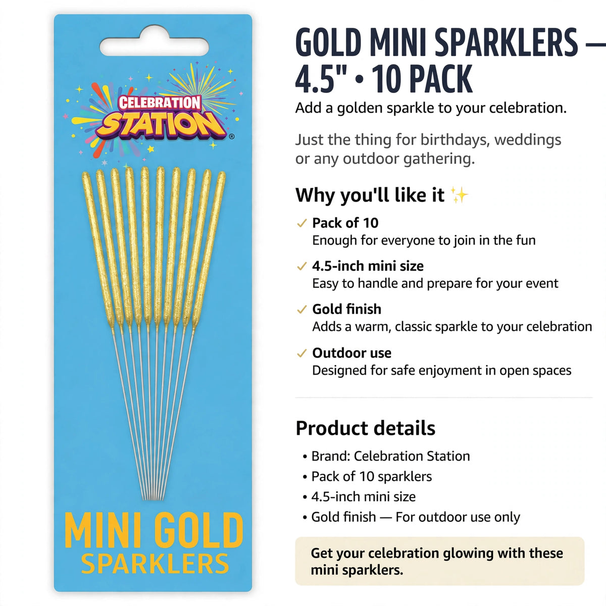 Pack of 10 gold mini sparklers designed for outdoor use and easy handling