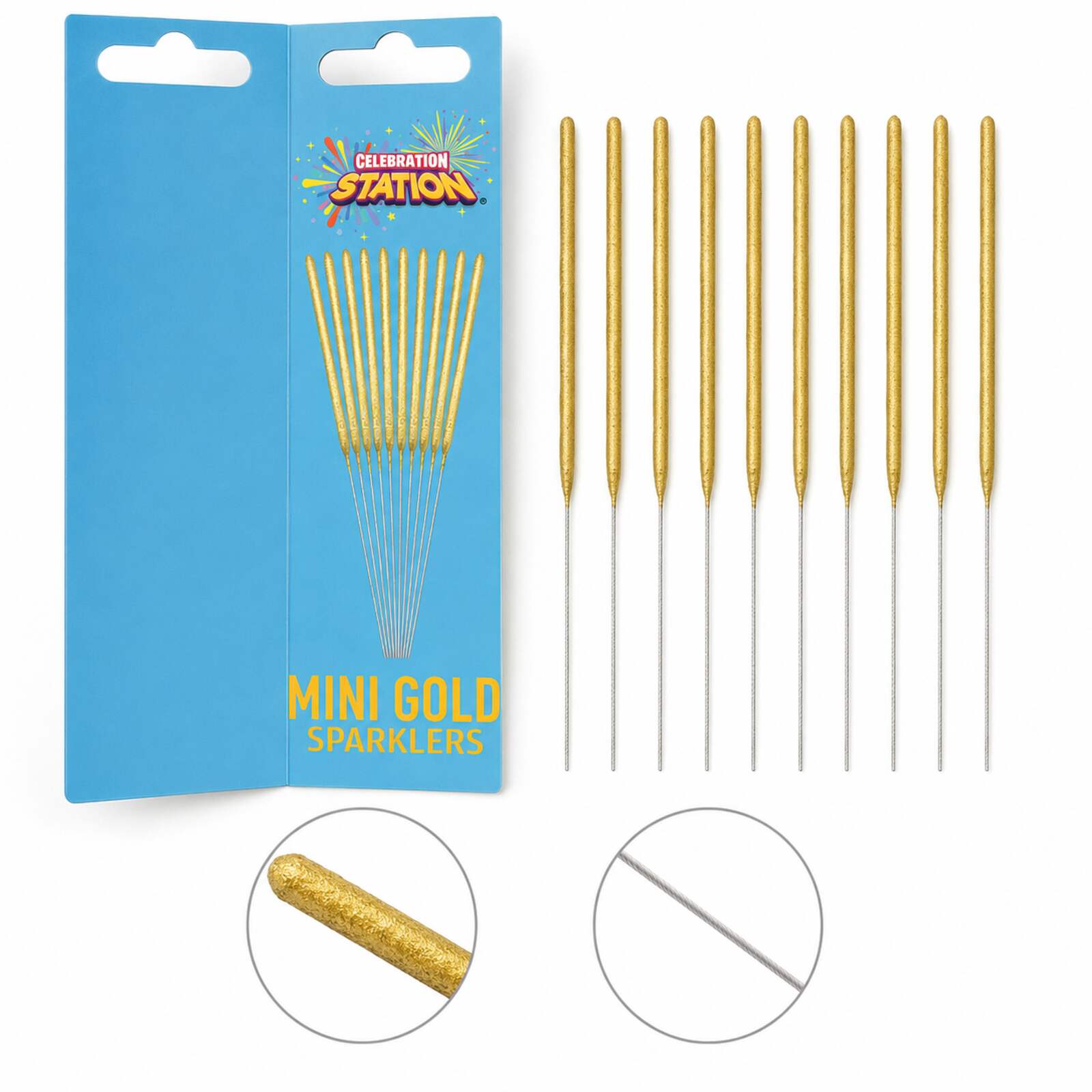 Ten gold mini sparklers showing coated tops and silver wire stems