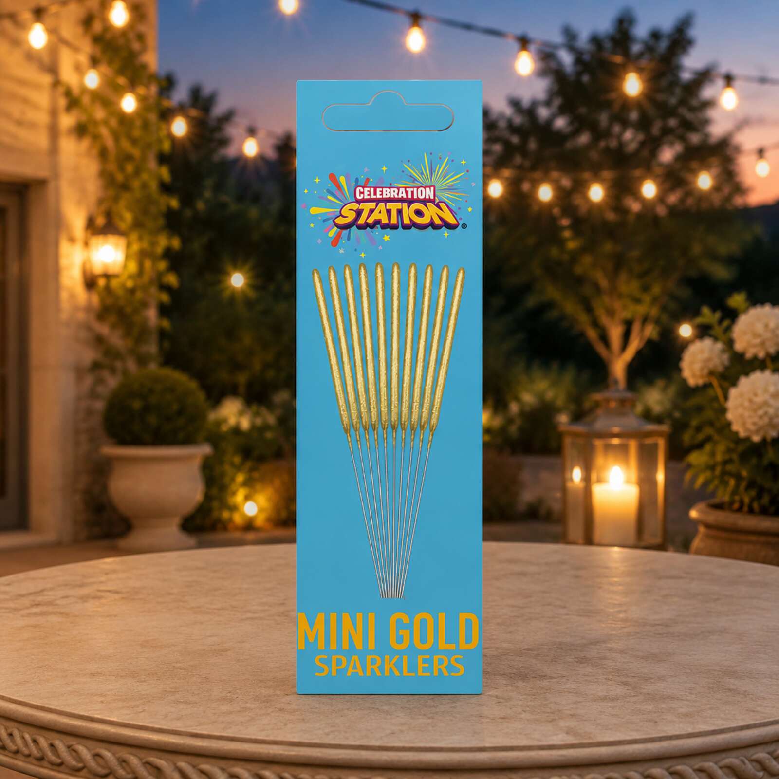Celebration Station gold mini sparkler ten pack on an outdoor party table