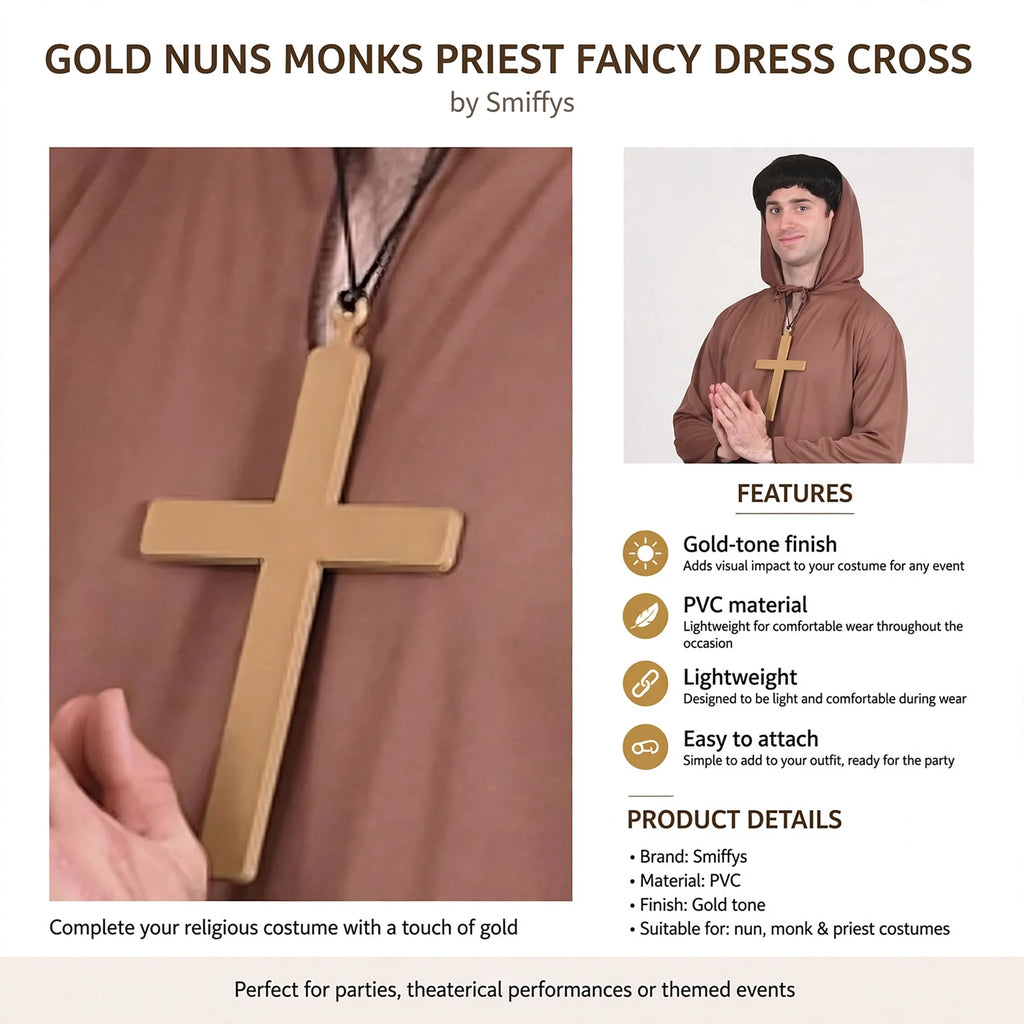 Gold-tone finish PVC cross lightweight and easy to attach for religious costumes