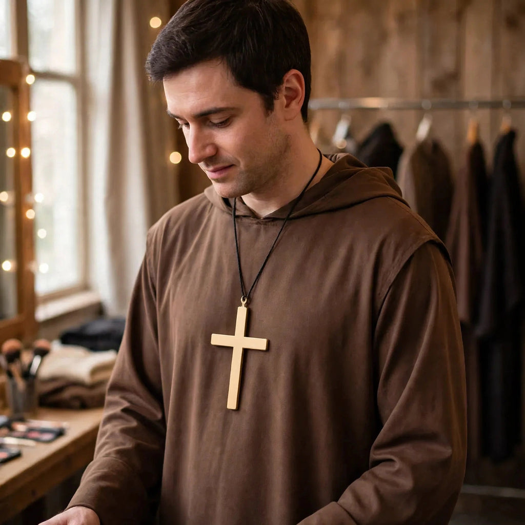 Gold-tone PVC cross worn as part of nun monk or priest fancy dress costume