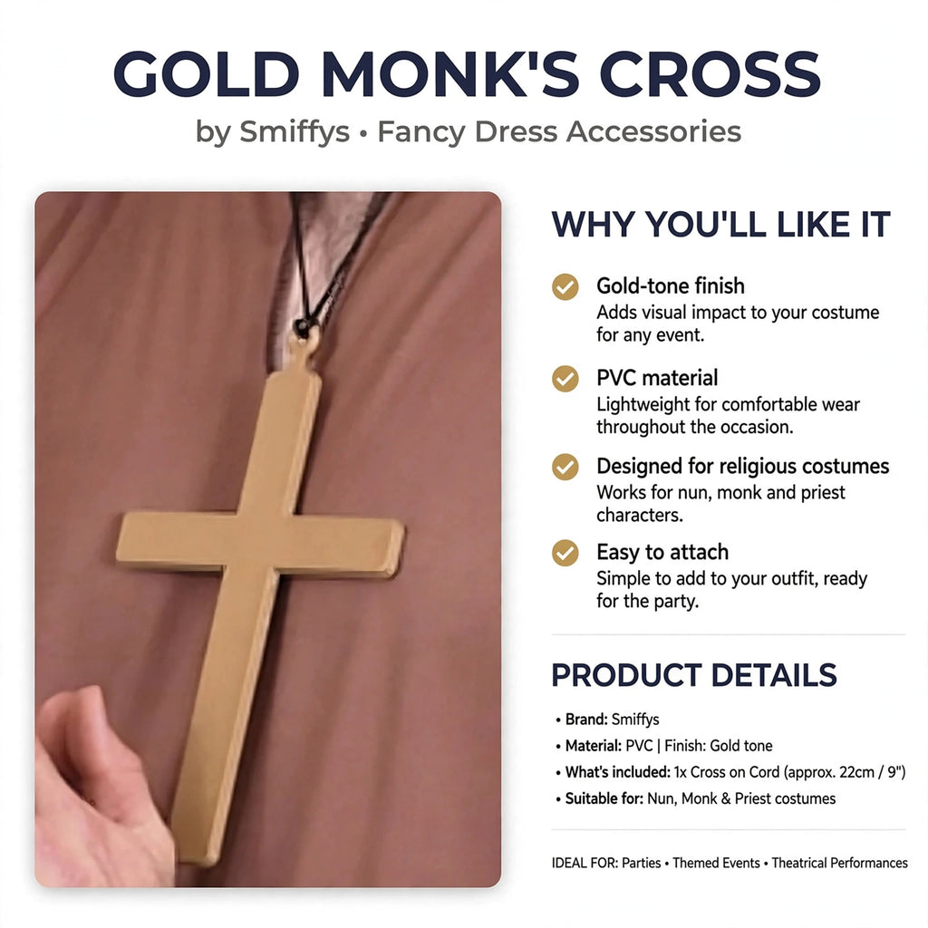 Gold-tone PVC cross designed for nun monk and priest costumes suitable for themed events