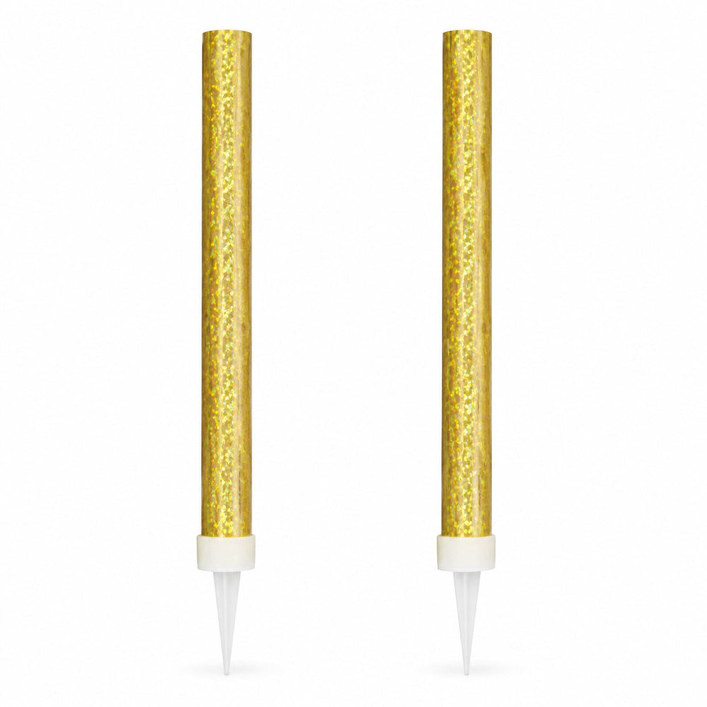 Pack of two gold prismatic ice fountain cake decorations on a white background