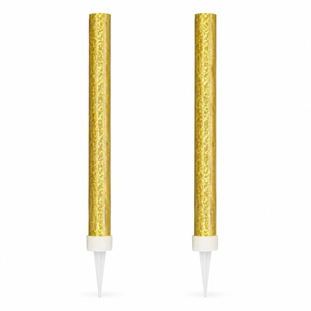 Pack of two gold prismatic ice fountain cake decorations on a white background