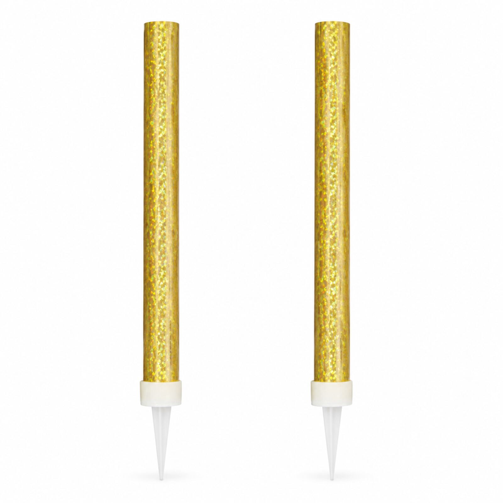 Pack of two gold prismatic ice fountain cake decorations on a white background