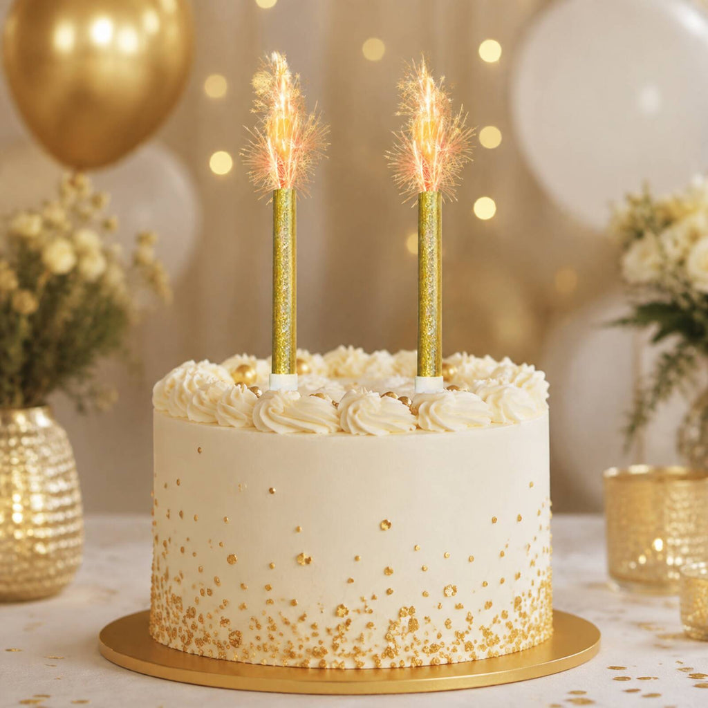Gold celebration cake display with two sparkling ice fountain decorations