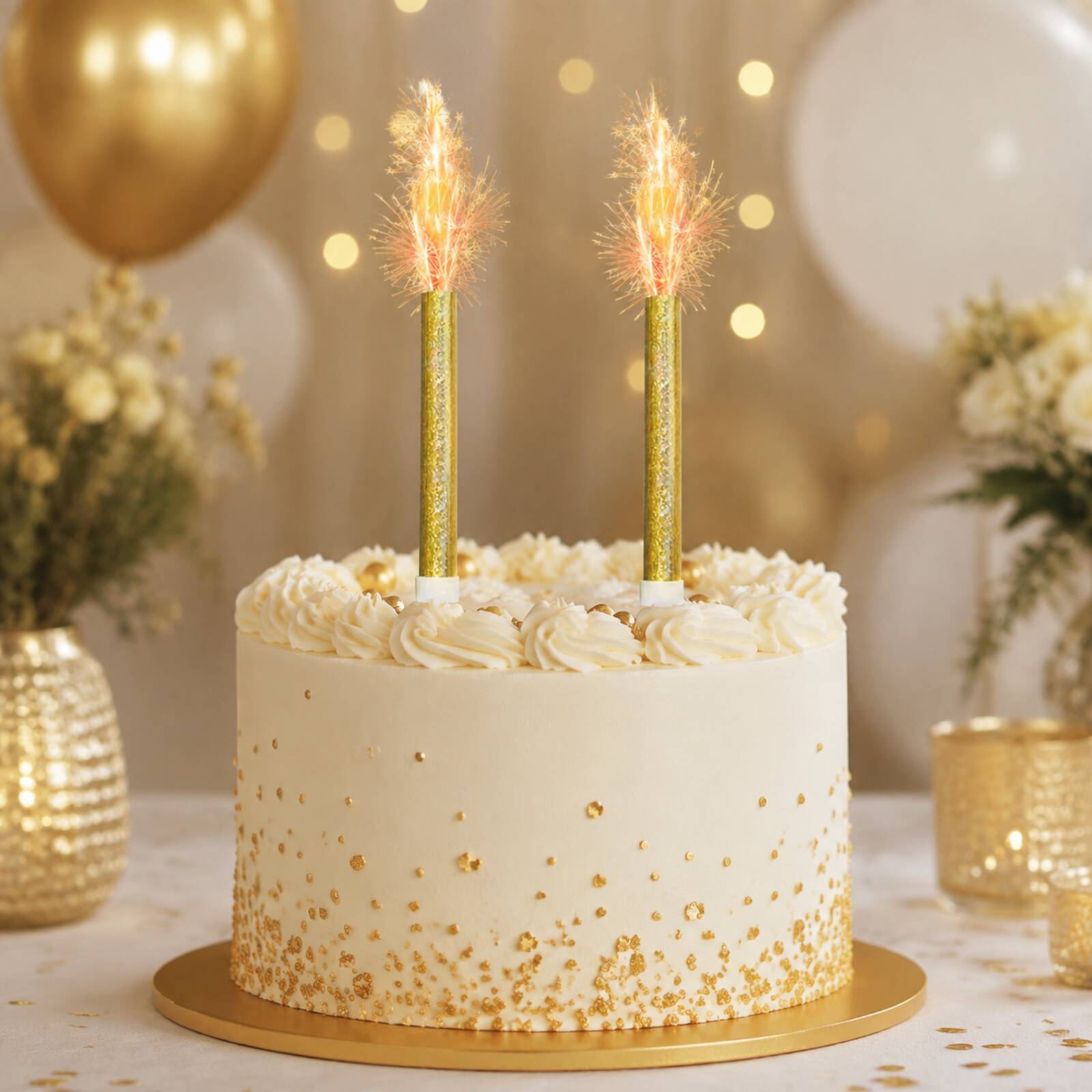Gold celebration cake display with two sparkling ice fountain decorations