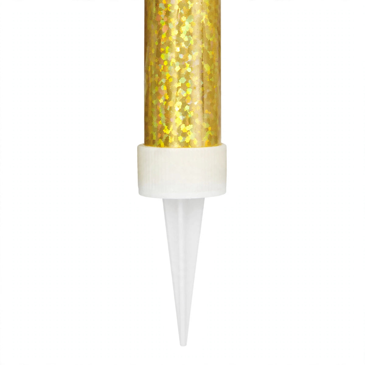Close-up of gold prismatic ice fountain cake decoration showing foil wrapping and pointed spike