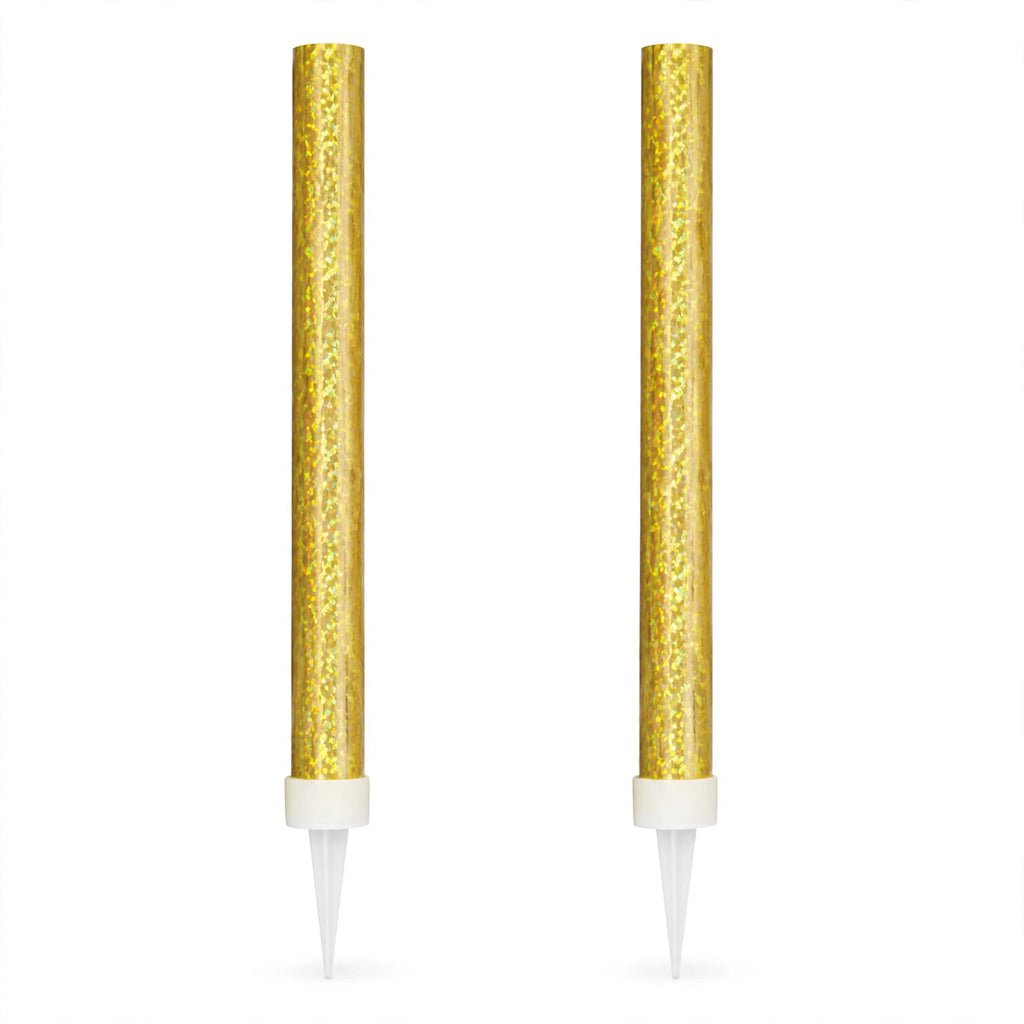 Gold prismatic ice fountain cake decorations pack of 2 with slim foil-wrapped design and pointed spikes
