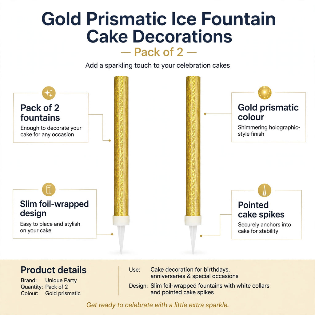 Features pack of 2 gold prismatic slim foil-wrapped fountains with pointed cake spikes