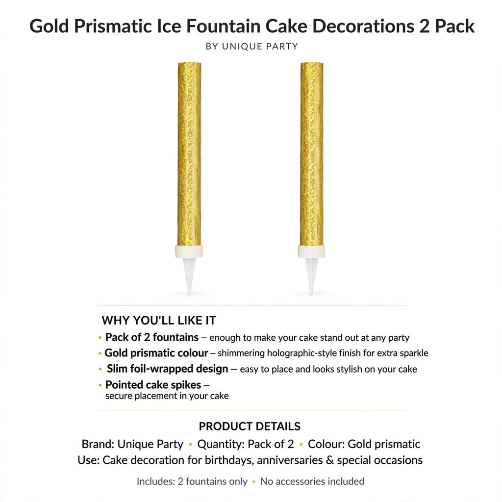 Pack of 2 gold prismatic cake fountains with pointed spikes for secure placement on cakes