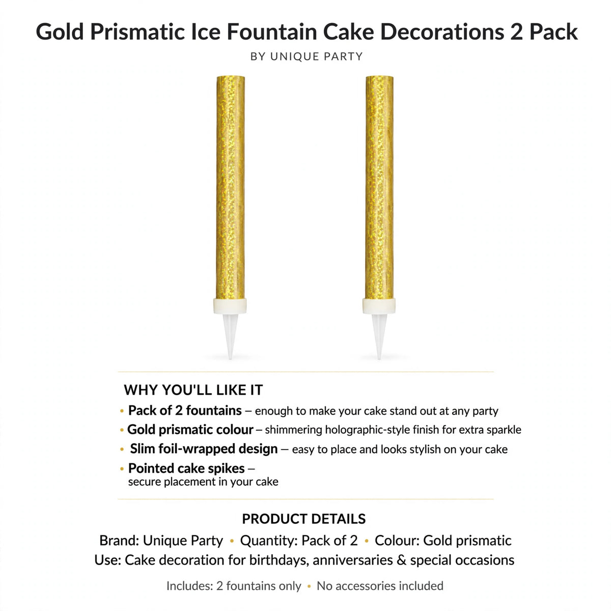 Pack of 2 gold prismatic cake fountains with pointed spikes for secure placement on cakes