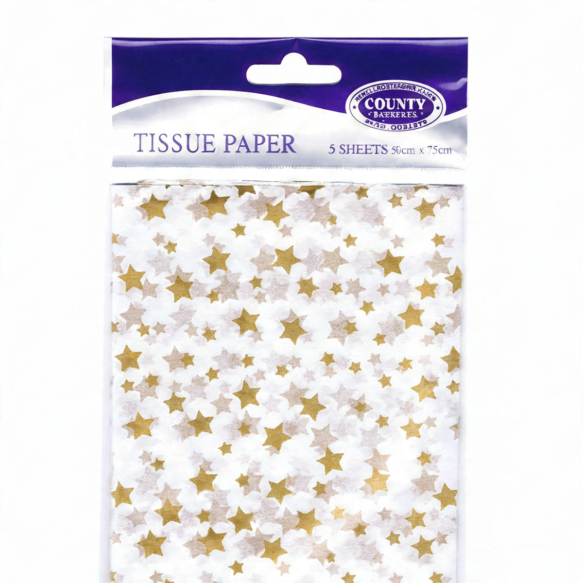 Close-up view of gold star printed tissue paper showing star pattern on soft sheets
