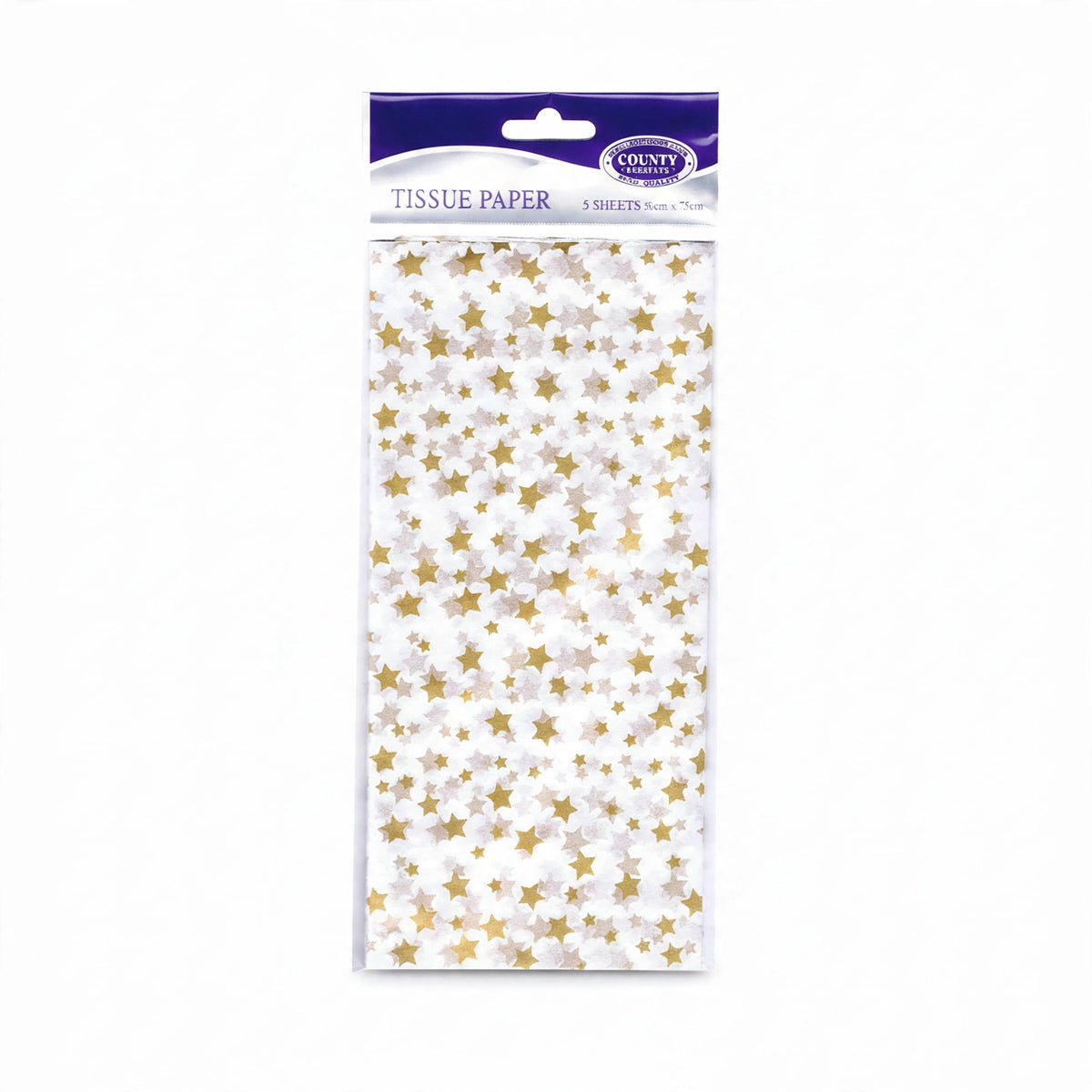 Gold Star Printed Tissue Paper pack showing five soft sheets with gold star print