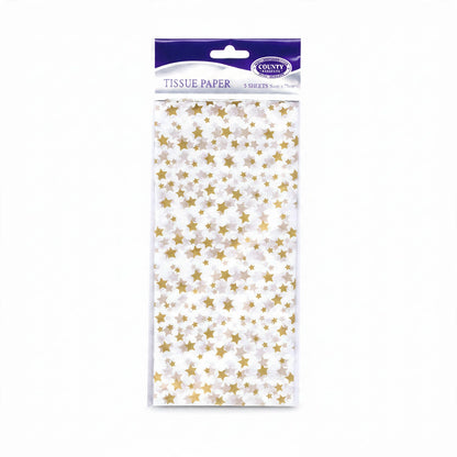 Gold Star Printed Tissue Paper pack showing five soft sheets with gold star print