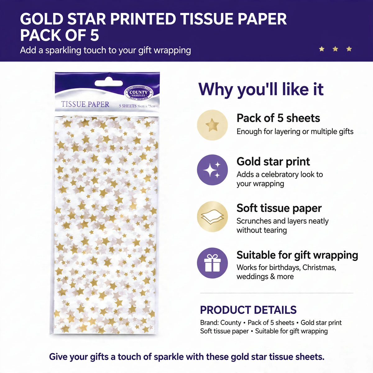 Infographic highlighting pack of 5 sheets, gold star print, soft tissue paper, and gift wrapping suitability