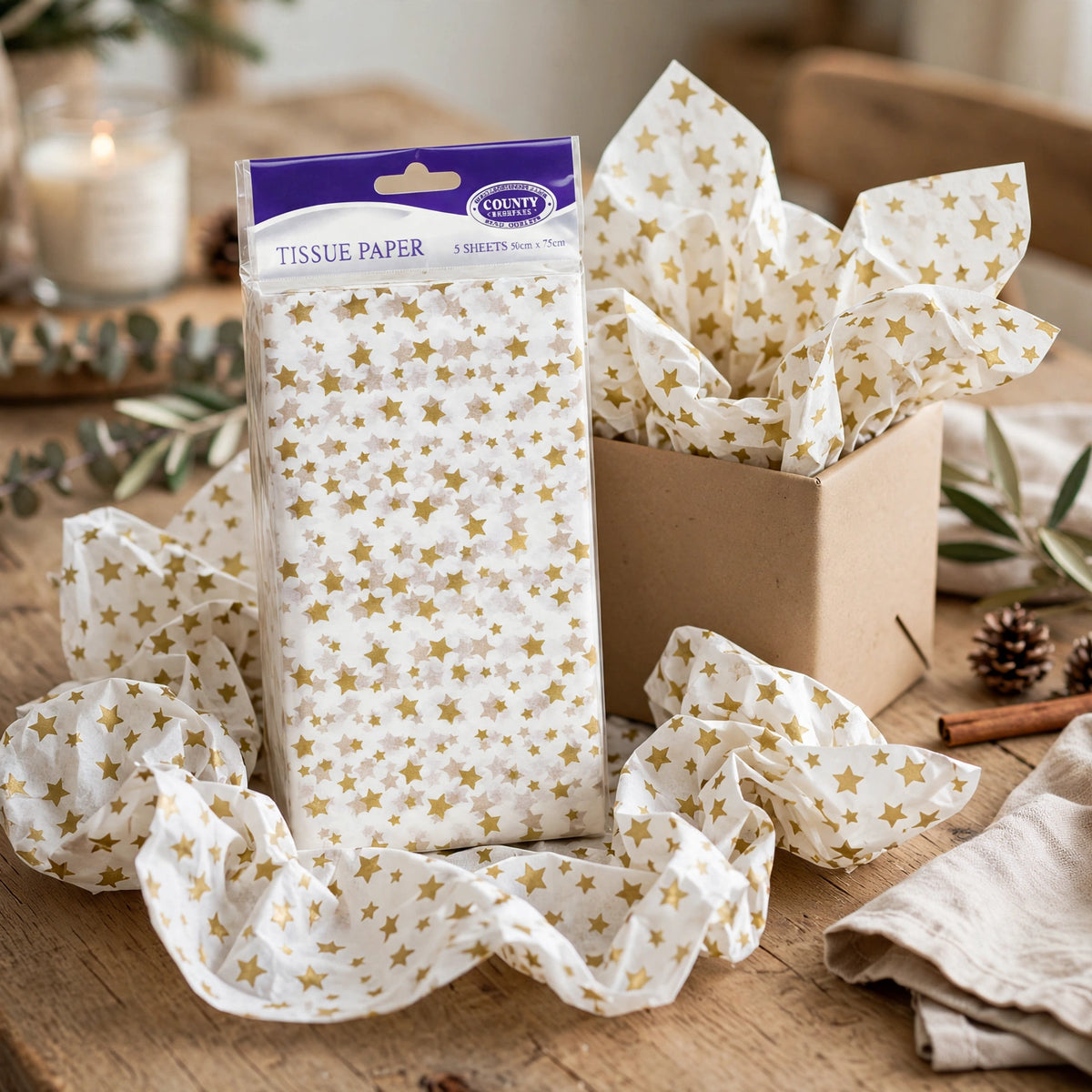 Gold Star Printed Tissue Paper used for layering inside gift bags and boxes for celebrations