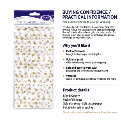 Information about pack quantity, gold star print, softness, and versatility for gift wrapping