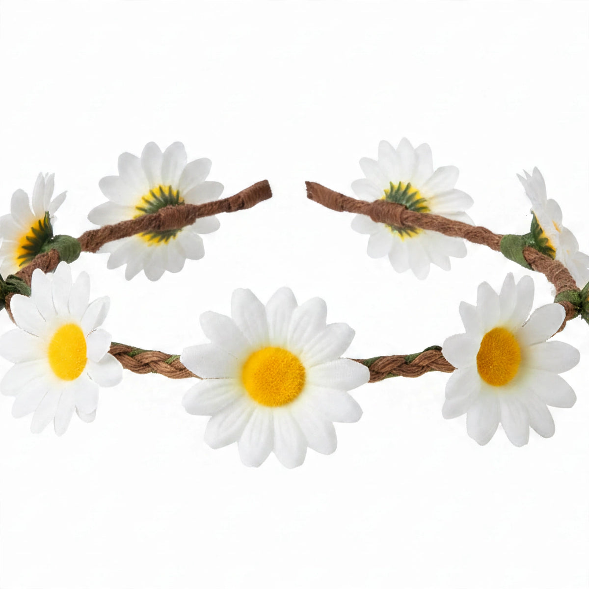 Close-up view of daisy flower hairband showing flower detail and flexible band