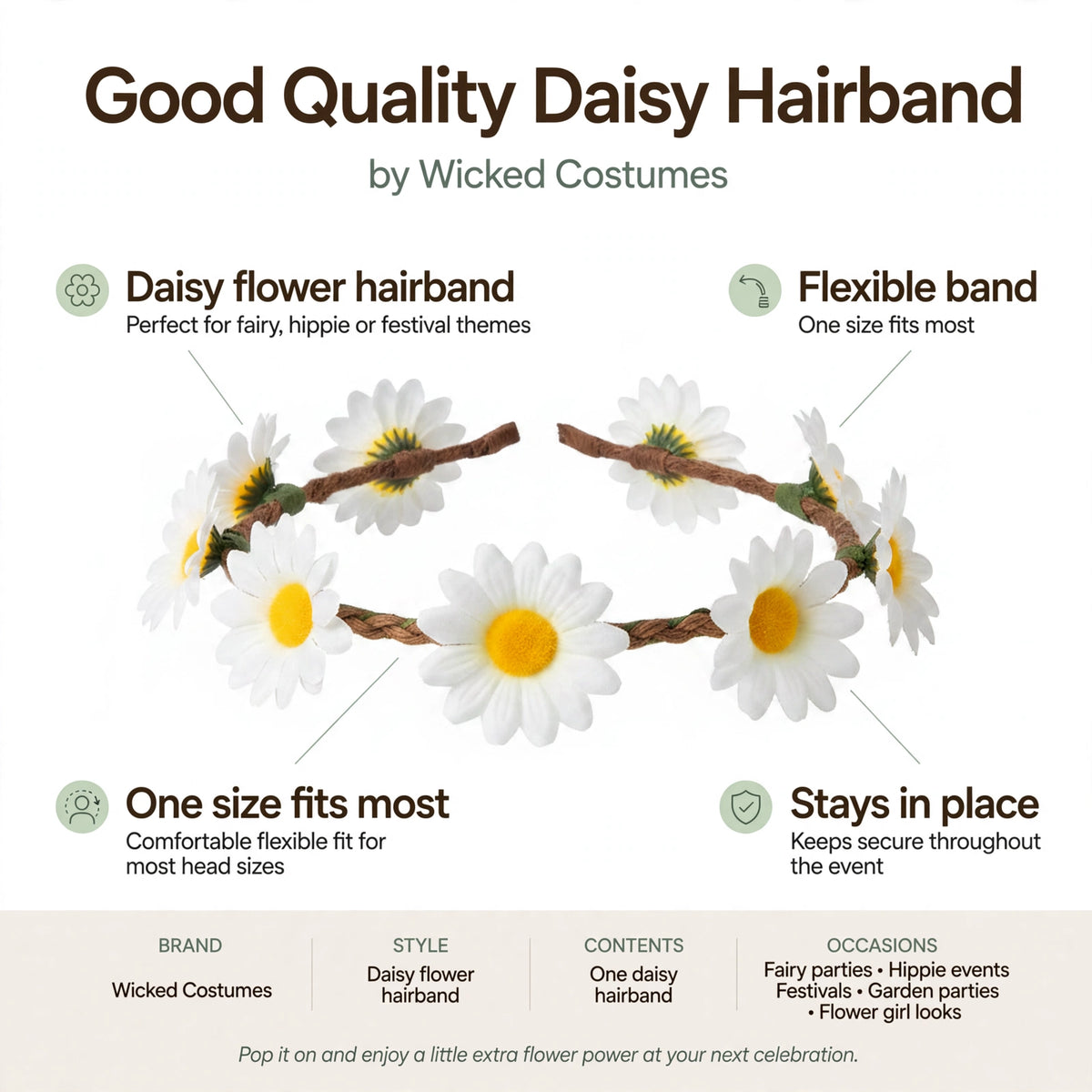 Features include daisy flower design, flexible band, one size fits most, stays in place