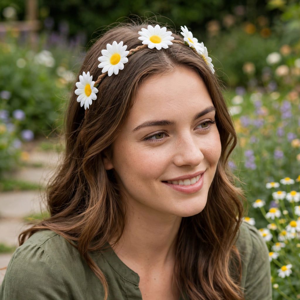 Daisy flower hairband worn at a fairy or hippie themed party