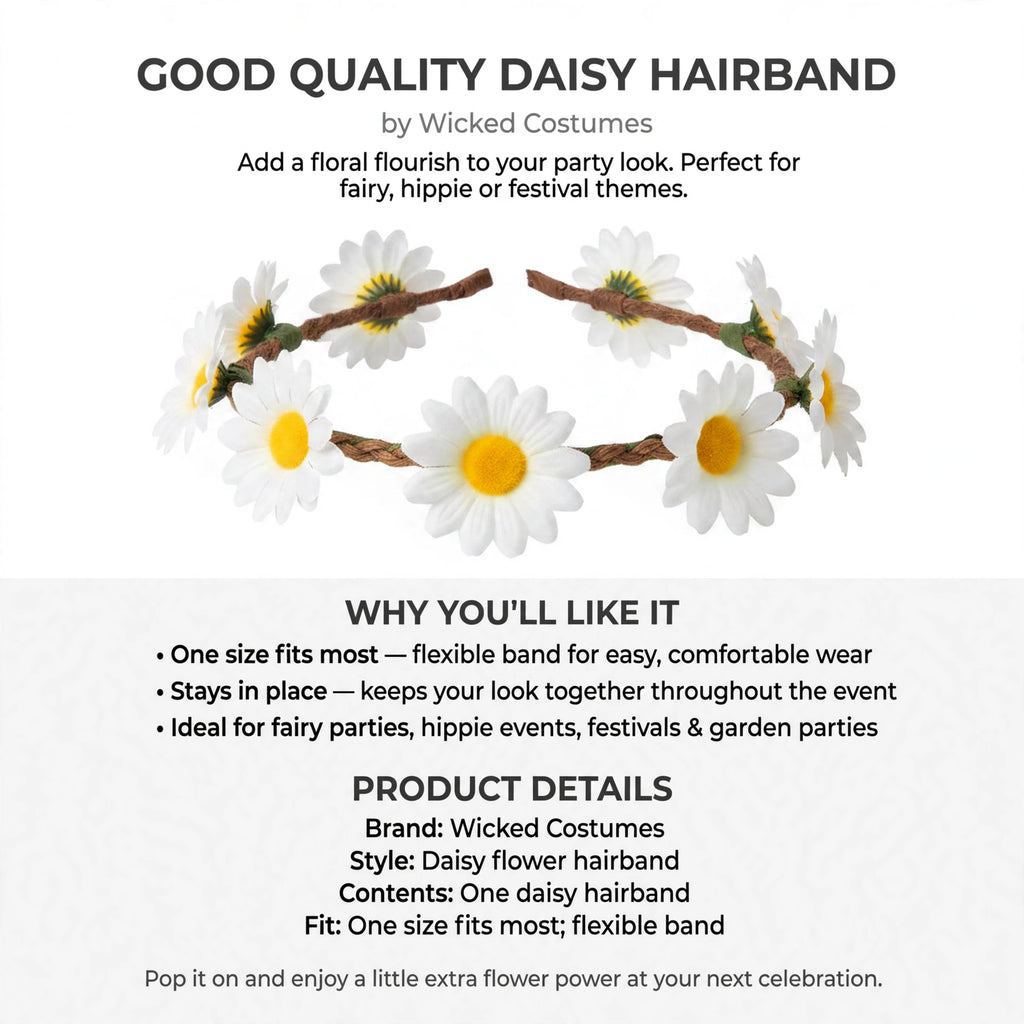 Includes one daisy hairband suitable for fairy, hippie, festival, and garden party occasions
