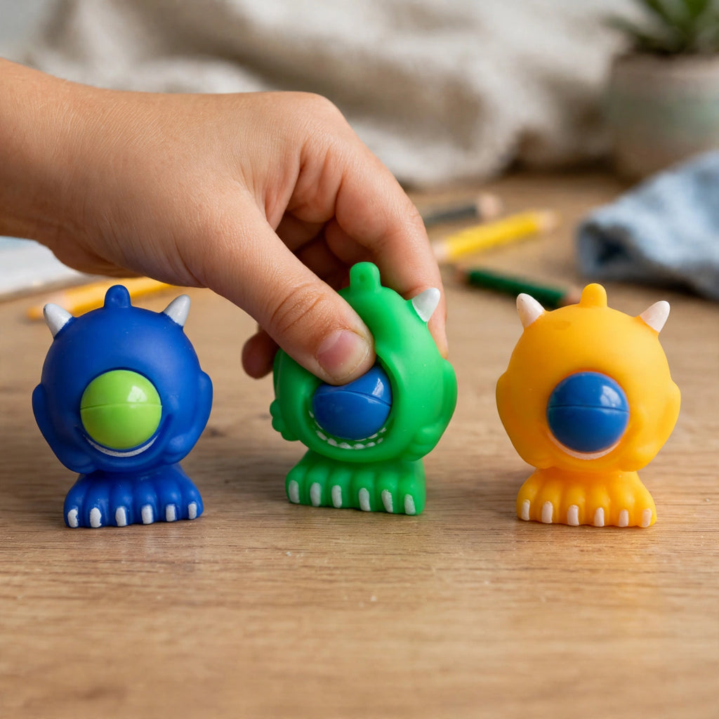 Google Eyed Squeeze Monster sensory toy used for fidget play or stress relief