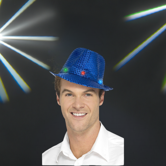 Blue Light Up Sequin Flashing Trilby Hat