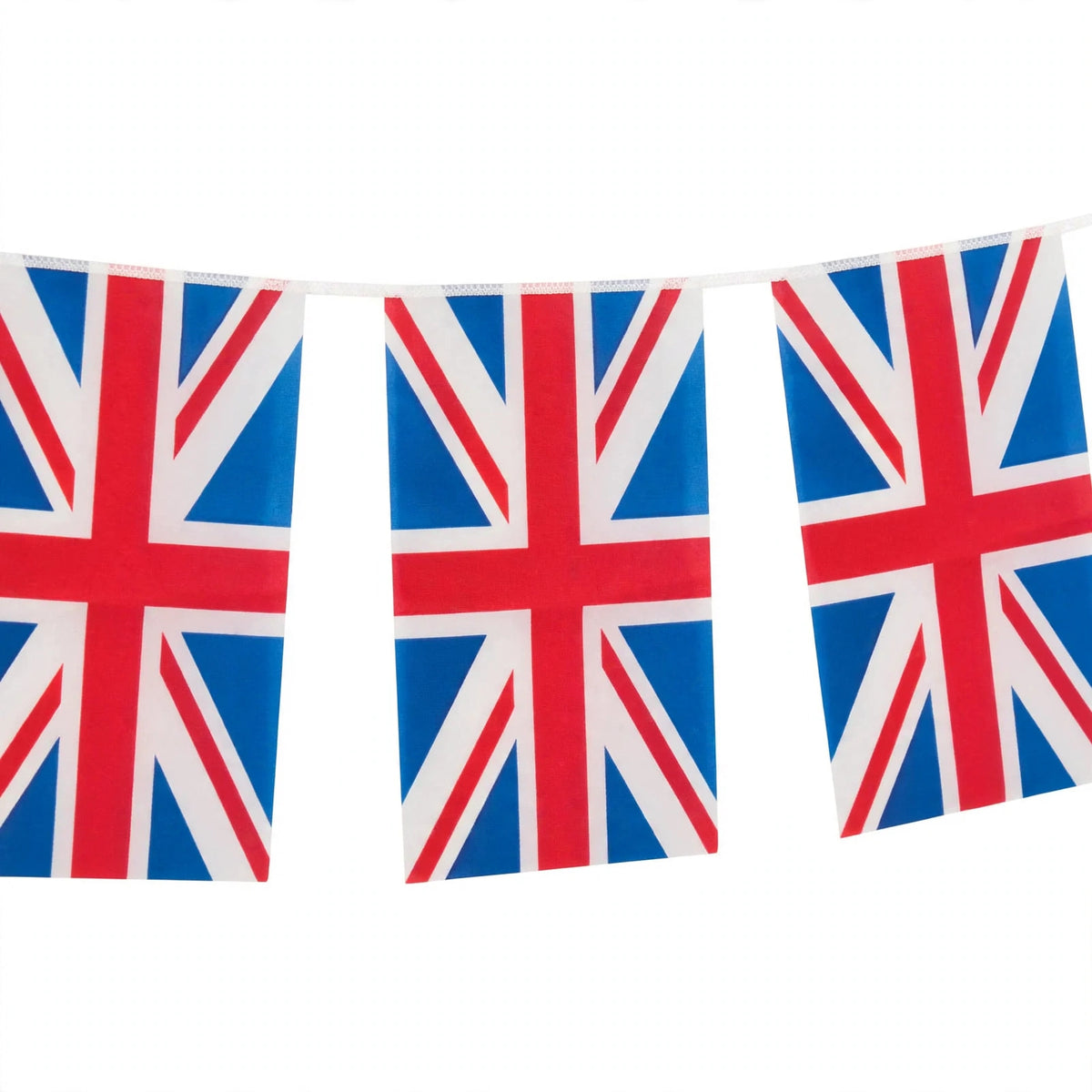 Close-up view of Great Britain Union Jack bunting flags in red white and blue